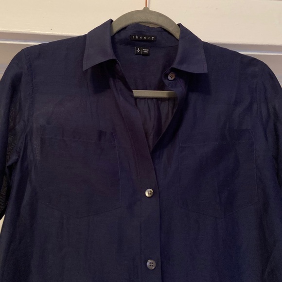 THEORY Navy Button Down Tie Front size Small - Picture 5 of 16